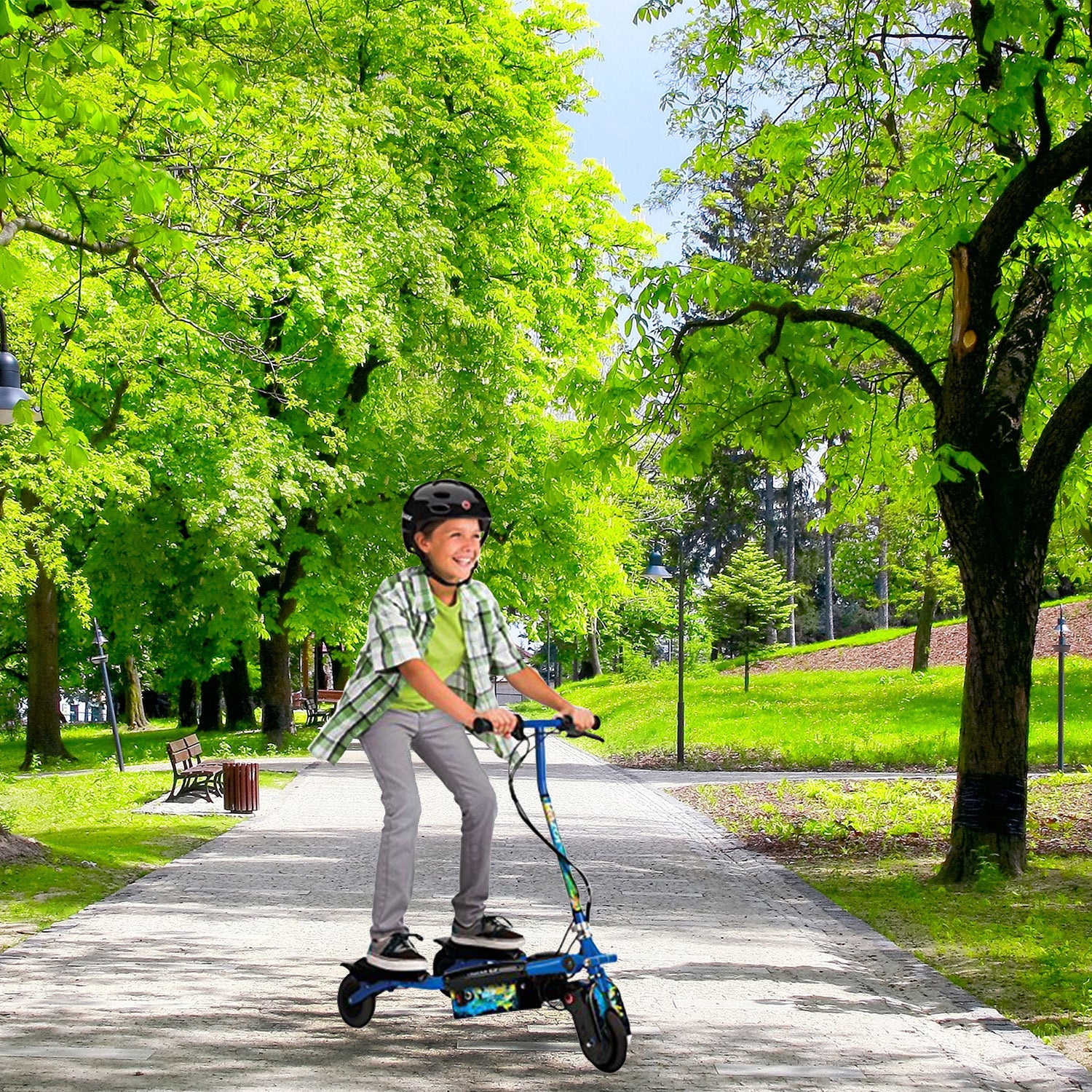 Boy riding a scooter through a park, showcasing the Razor E150's ZK2400-DP-FS Control Module with 4-Wire Throttle Connector, essential for all Razor E150 versions.