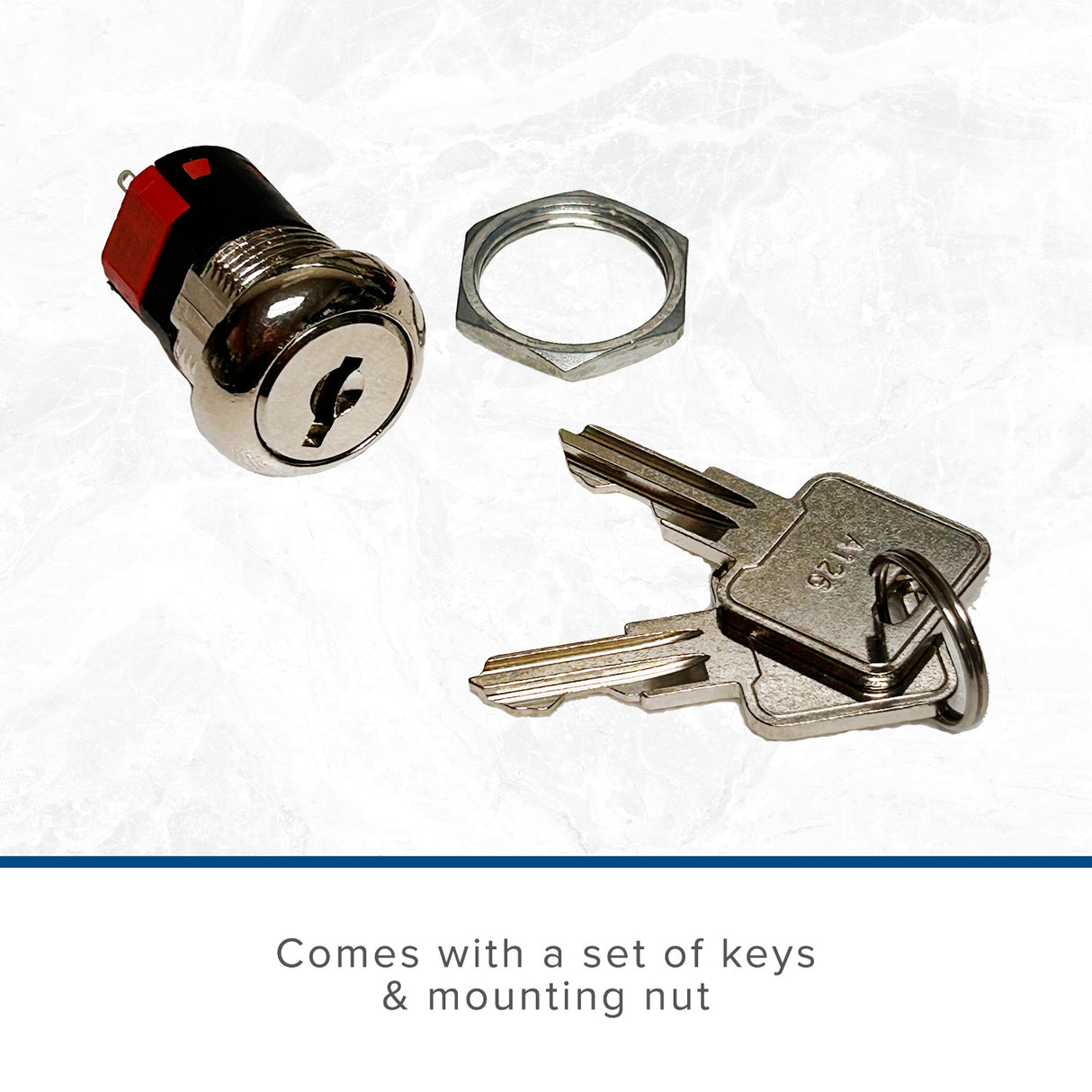 Key Switch with Standard Metal Head Keys for Amigo, Go-Go, and Pride Mobility Scooters, showing a close-up of a metal key and lock assembly, highlighting the keyhole and nut.