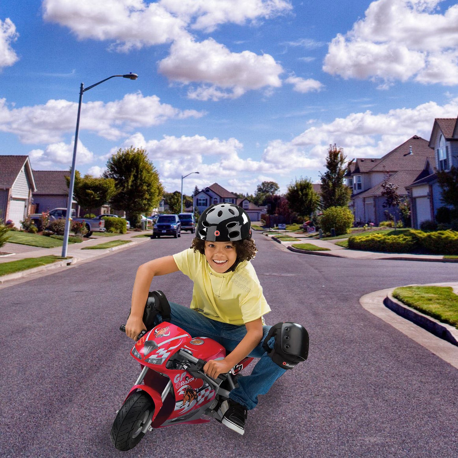 ZK2430D-FS Control Module with 4-Wire Throttle Connector for the Razor Pocket Rocket (Versions 27+), shown on a small red motorcycle being ridden by a helmeted boy on a street.