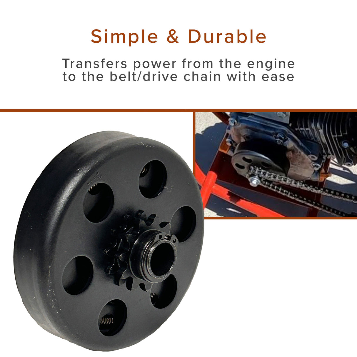 Clutch Assembly with Front Sprocket for Baja Doodle Bug (DB30), featuring a black wheel with holes, an 11-tooth sprocket, and a visible chain and engine within a red frame.