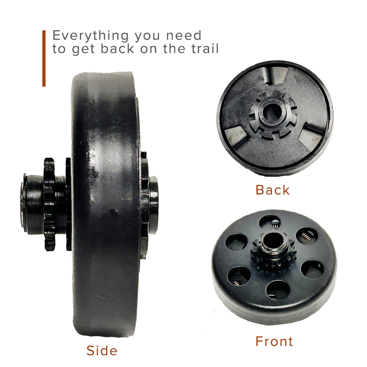 Clutch Assembly with Front Sprocket for 80cc Motovox Go-Karts, featuring a black circular metal gear with multiple holes, designed for durable power transfer from the engine to the drive chain.