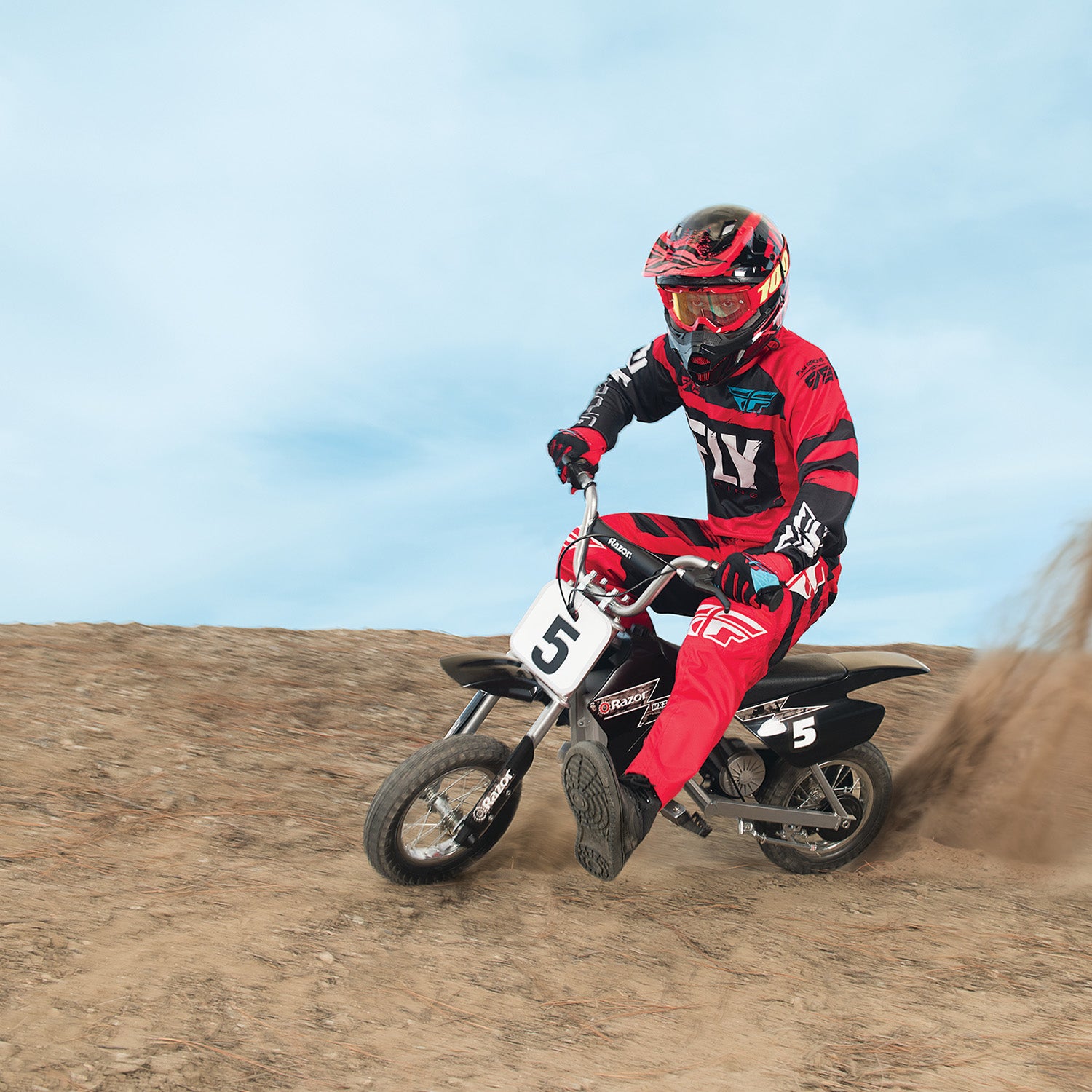 ZK2430D-FS Control Module with 4-Wire Throttle Connector for Razor Dirt Rocket MX350 & MX400 (Versions 33+), shown on a dirt bike ridden by a person in a red and black outfit.