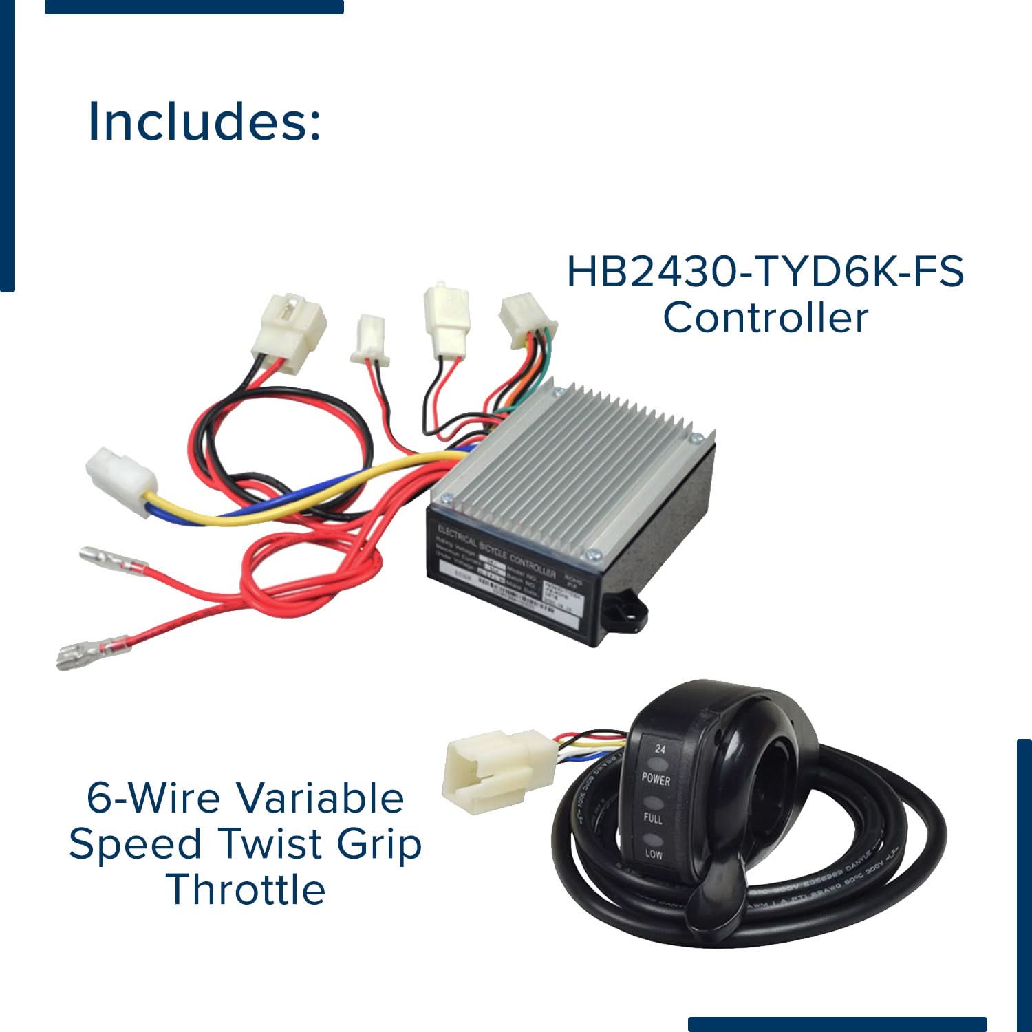 electrical bicycle controller hb2430-dyd-fs 24V Control Module and Twist Throttle for Razor Dirt Quad - Kit for Dirt Quad - and LED Twist Throttle (6-Pin Connector) - Model HB2430-TYD6-FS-ROHS Has your Razor scooter or dirt bike stopped working 24V Control Module, 7 Connectors,