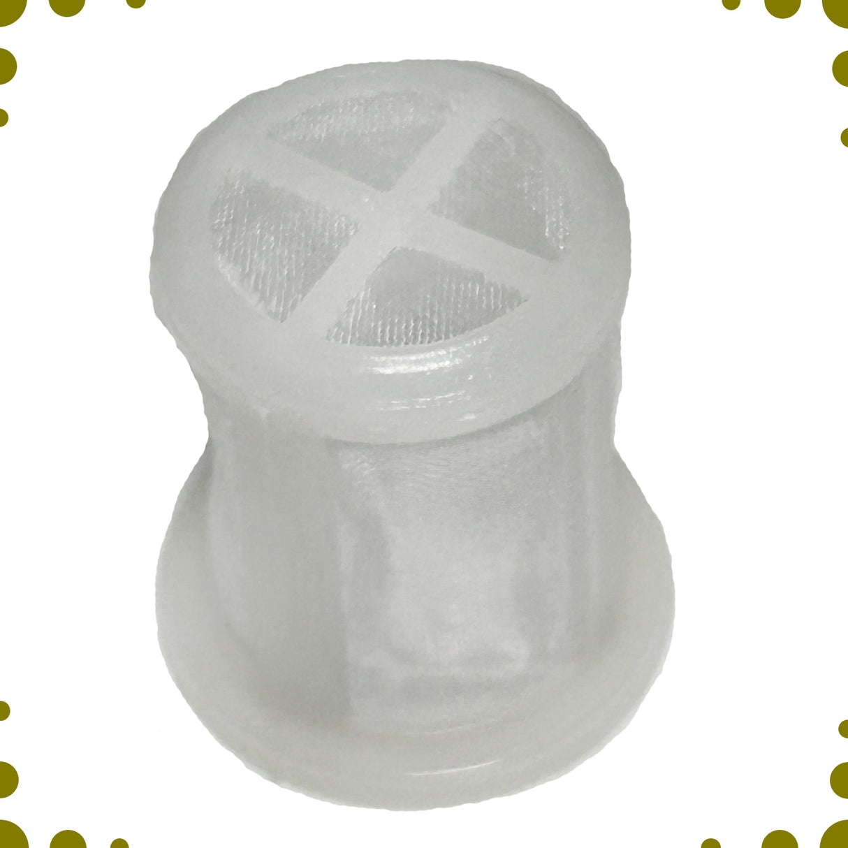 Fuel Tank Strainer Basket for 6.5 Hp Go-Karts, a white plastic container with a cross design, essential for filtering debris from fuel, preventing maintenance and repair issues.