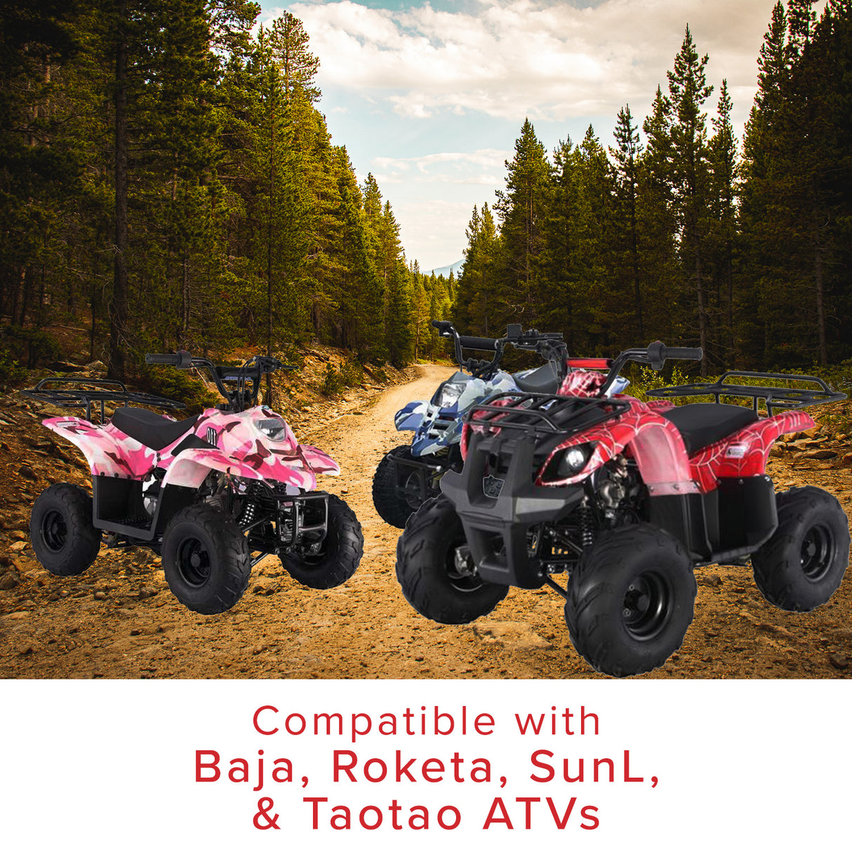 Black Plastic Fuel Tank for 50cc, 70cc, 90cc, & 110cc ATVs from Baja Motorsports, Roketa, SunL, & Taotao shown on an ATV among other vehicles on a dirt road.