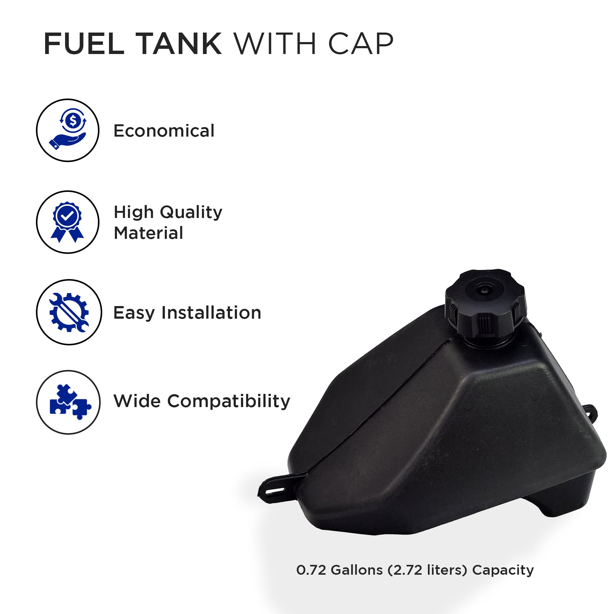 Black Plastic Fuel Tank for 50cc, 70cc, 90cc, & 110cc ATVs from Baja Motorsports, Roketa, SunL, & Taotao, featuring a black cap, blue icons, and various logos.