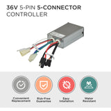 Currie 36 Volt 5-Pin 5-Connector Controller (1000 Series) close-up, showing a metal box with attached wires and connectors, including a flat black 5-pin connector.