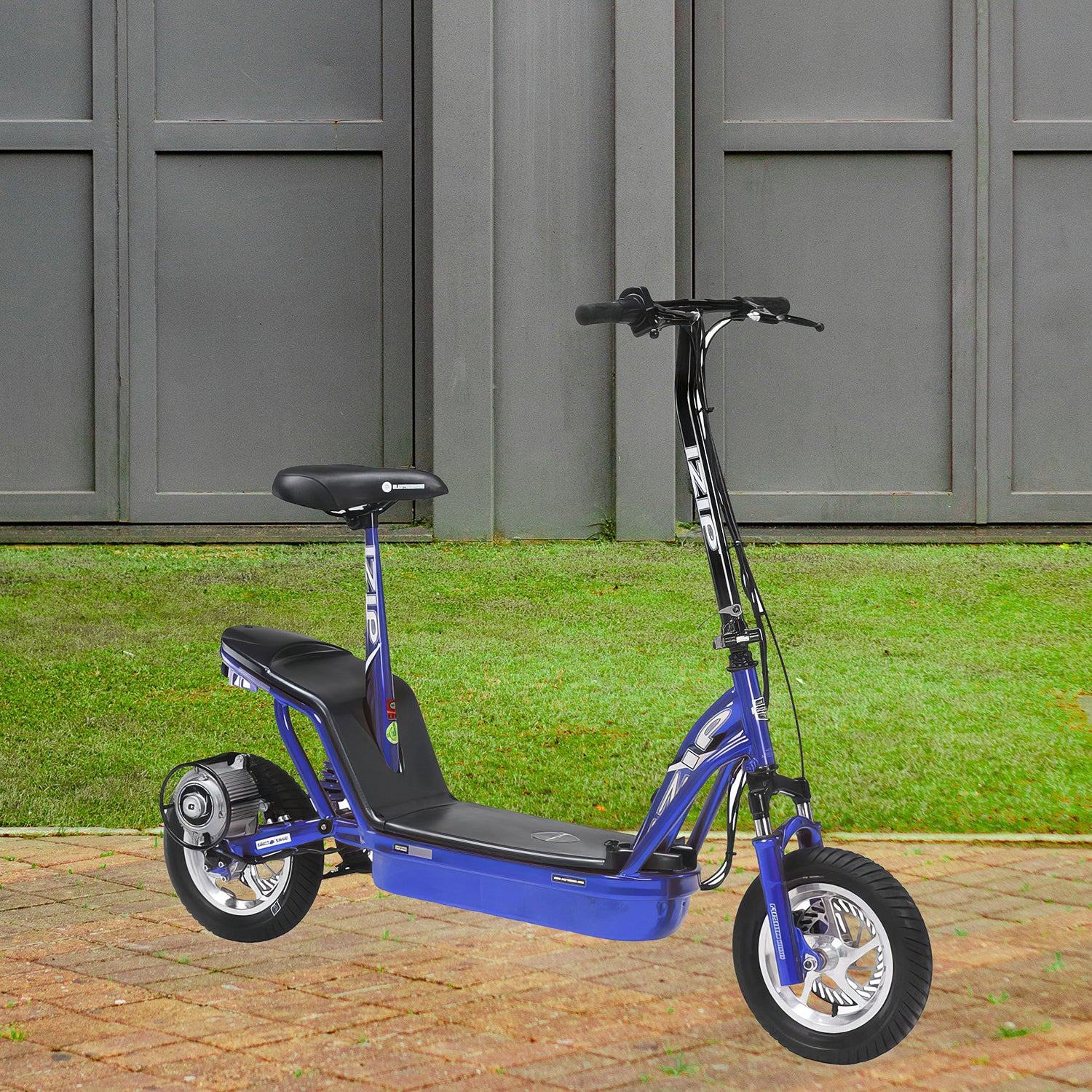 Currie 36 Volt 5-Pin 5-Connector Controller (1000 Series) for eZip, IZIP, GT, Mongoose, & Schwinn Scooters, showcased attached to a blue scooter on a brick path.