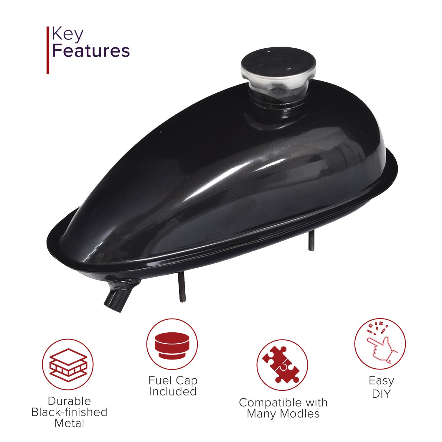 Fuel Tank for 48cc - 80cc 2-Stroke Bicycle Engine Kits (2 Liter / 3 Liter): Black steel tank with a round chrome cap, suitable for custom projects, visible mounting holes, and polished finish.