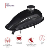 Fuel Tank for 48cc - 80cc 2-Stroke Bicycle Engine Kits (2 Liter / 3 Liter): Black steel tank with a round chrome cap, suitable for custom projects, visible mounting holes, and polished finish.