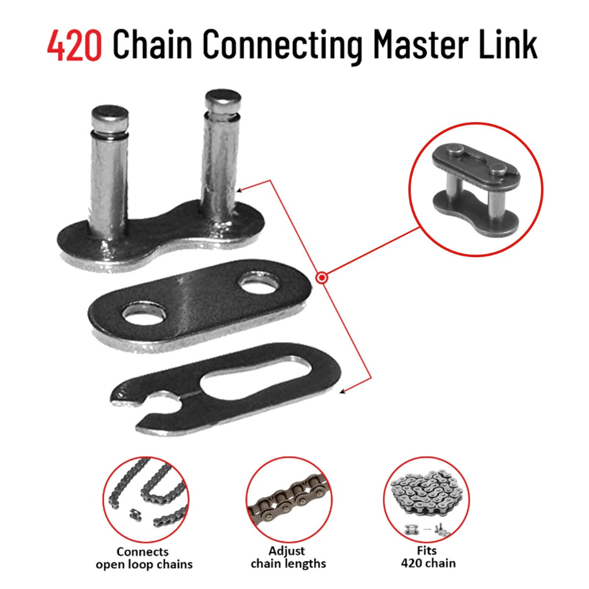 420 Chain Master Link: Close-up view of a metal chain link used for connecting and repairing chains on scooters, motorcycles, dirt bikes, go-karts, and ATVs.