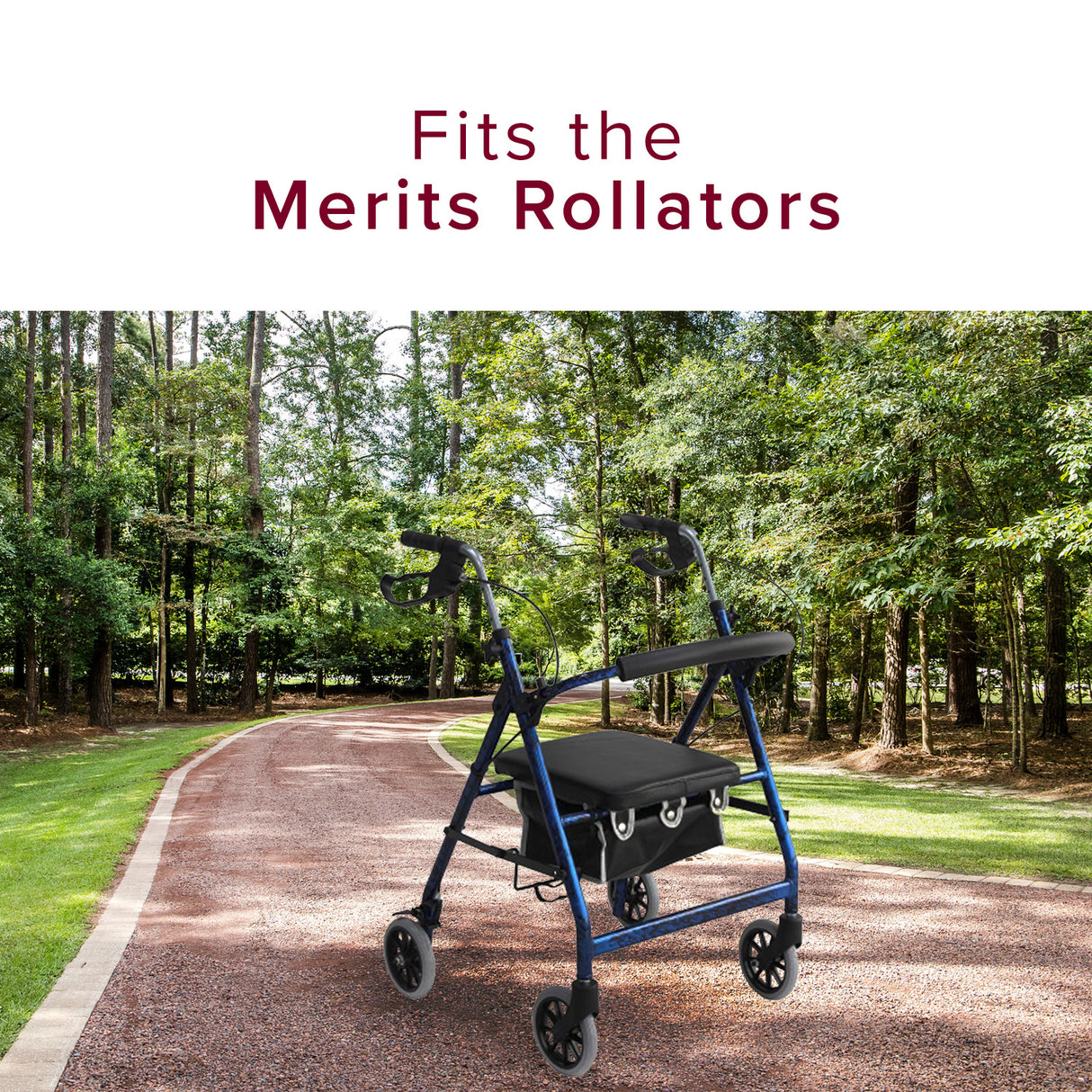 51 Brake Cable for the Merits Rollator, shown along a path with trees, featuring close-ups of wheels and metal components. Essential replacement part for maintaining mobility without needing a new walker.