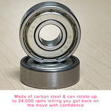 608ZZ (608Z) ABEC-5 Shielded Scooter Wheel Bearings (Set of 2), close-up view showing metal shields and circular design, made of carbon steel for durability and high-speed rotation.