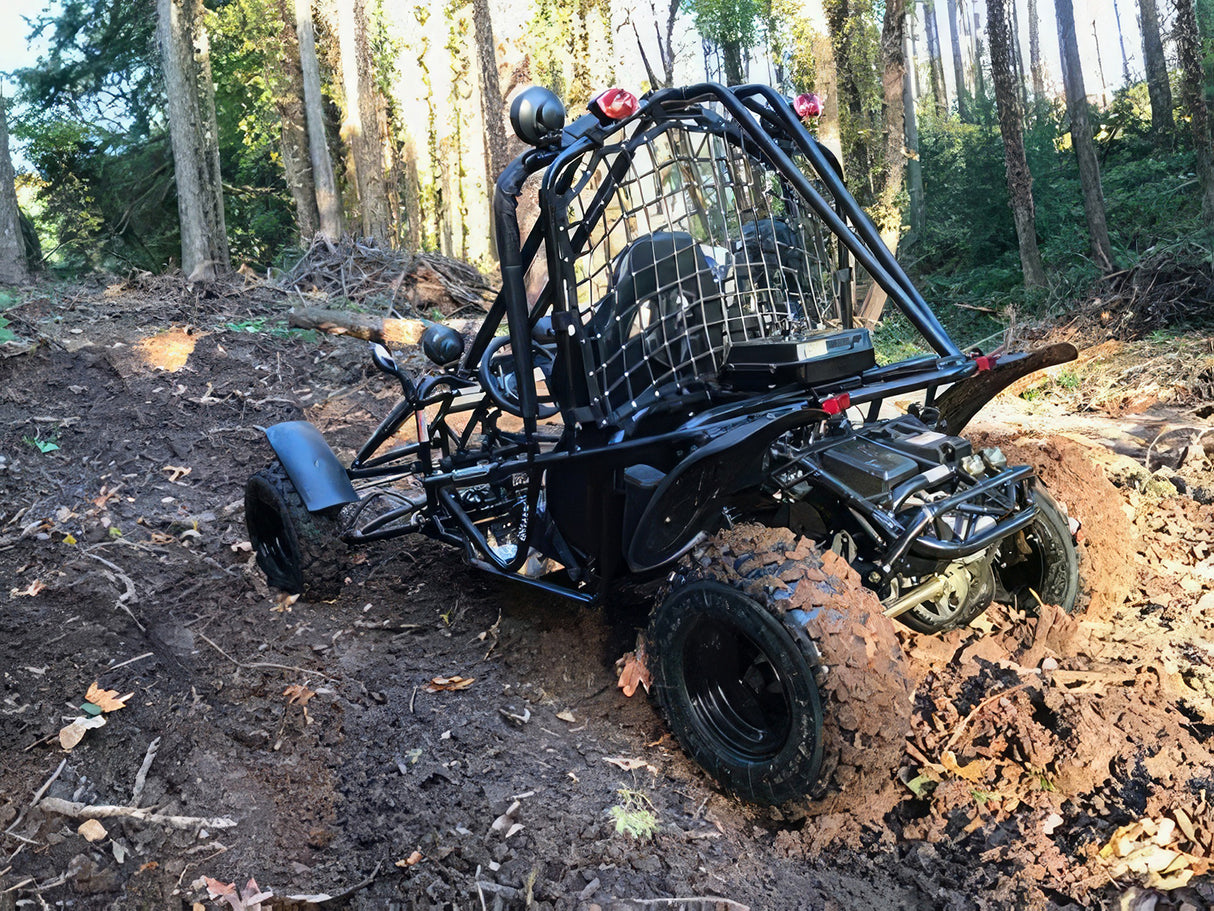 Front Fender Set for 150cc - 250cc Go-Karts (Set of 2) shown on a black off-road vehicle in the woods, emphasizing the durable black plastic mud shields designed to prevent dirt and debris.