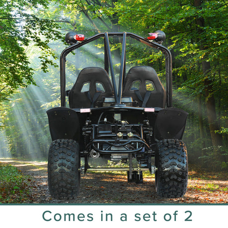 Rear Fender Set for 150cc - 250cc Go-Karts (Set of 2) shown on a black vehicle with large wheels on a dirt road, highlighting the fenders preventing mud splash from rear tires.