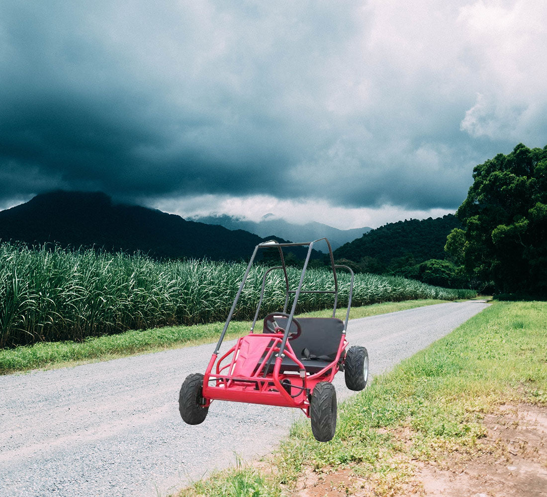 212cc 6.5 HP & 224cc HP Predator High Performance Air Filter Intake Kit (Missing Hardware) on a dirt road, featuring a red go-kart, close-up views of wheels, and a mountainous landscape in the background.