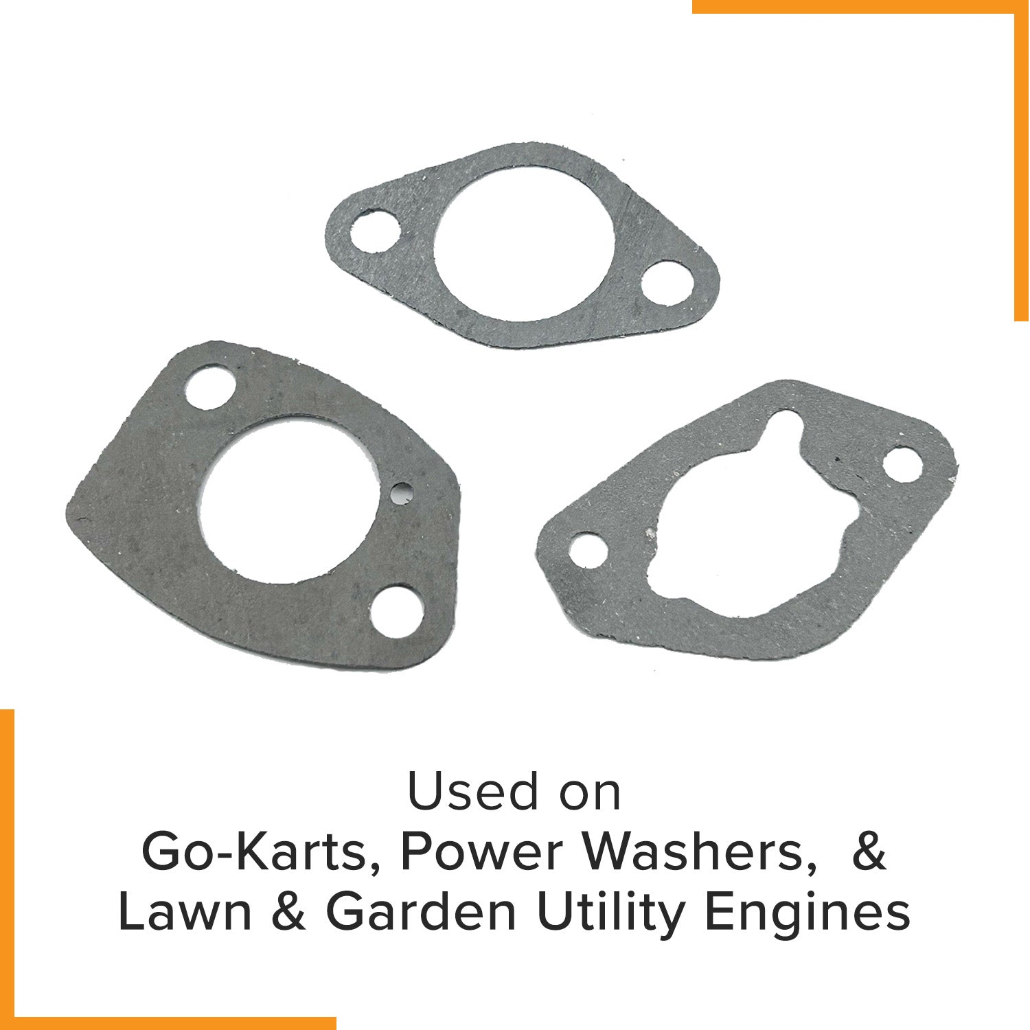 Carburetor Gasket Kit with Spacer for 13 HP Honda GX390 Engines, featuring a close-up of three metal gaskets and a high-temperature phenolic plastic spacer, arranged in a group.