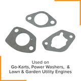 Carburetor Gasket Kit with Spacer for 13 HP Honda GX390 Engines, featuring a close-up of three metal gaskets and a high-temperature phenolic plastic spacer, arranged in a group.