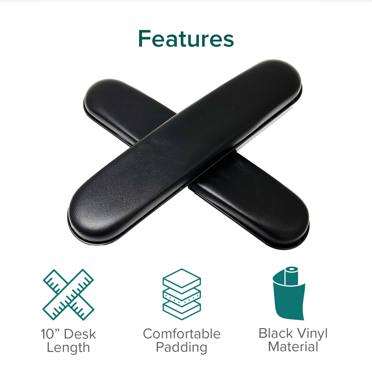 Black 10 Desk Length Padded Vinyl Armrest for Wheelchairs (Set of 2), featuring a sleek, black rectangular design with multiple mounting holes for versatile compatibility.