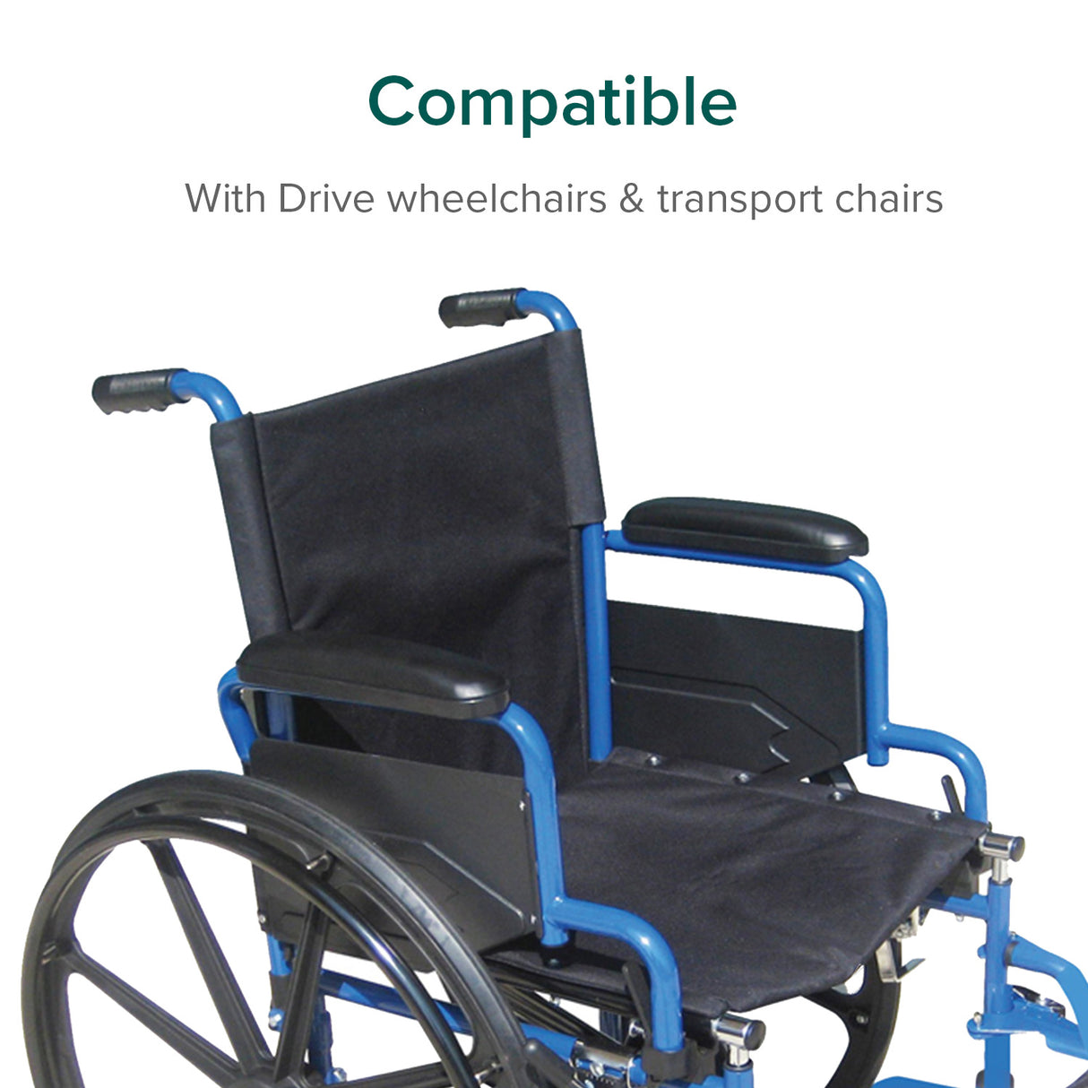 Desk Length Vinyl Armrest Pads for Drive Wheelchairs and Transport Chairs (Pair) shown installed on a blue-framed wheelchair with a black seat, highlighting their compatibility and ergonomic design for added comfort.