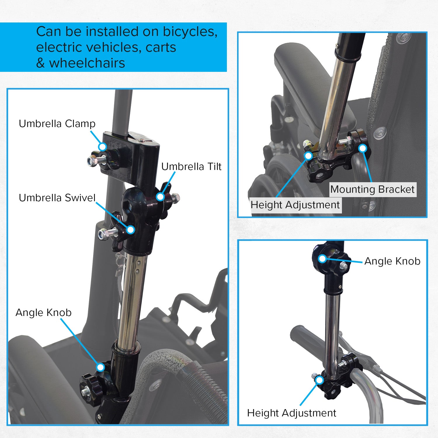 Universal Grip Umbrella Holder for Mobility Scooters, Power Chairs, & Wheelchairs displayed in a collage with close-ups of its metal poles and adjustable clamp mechanism.