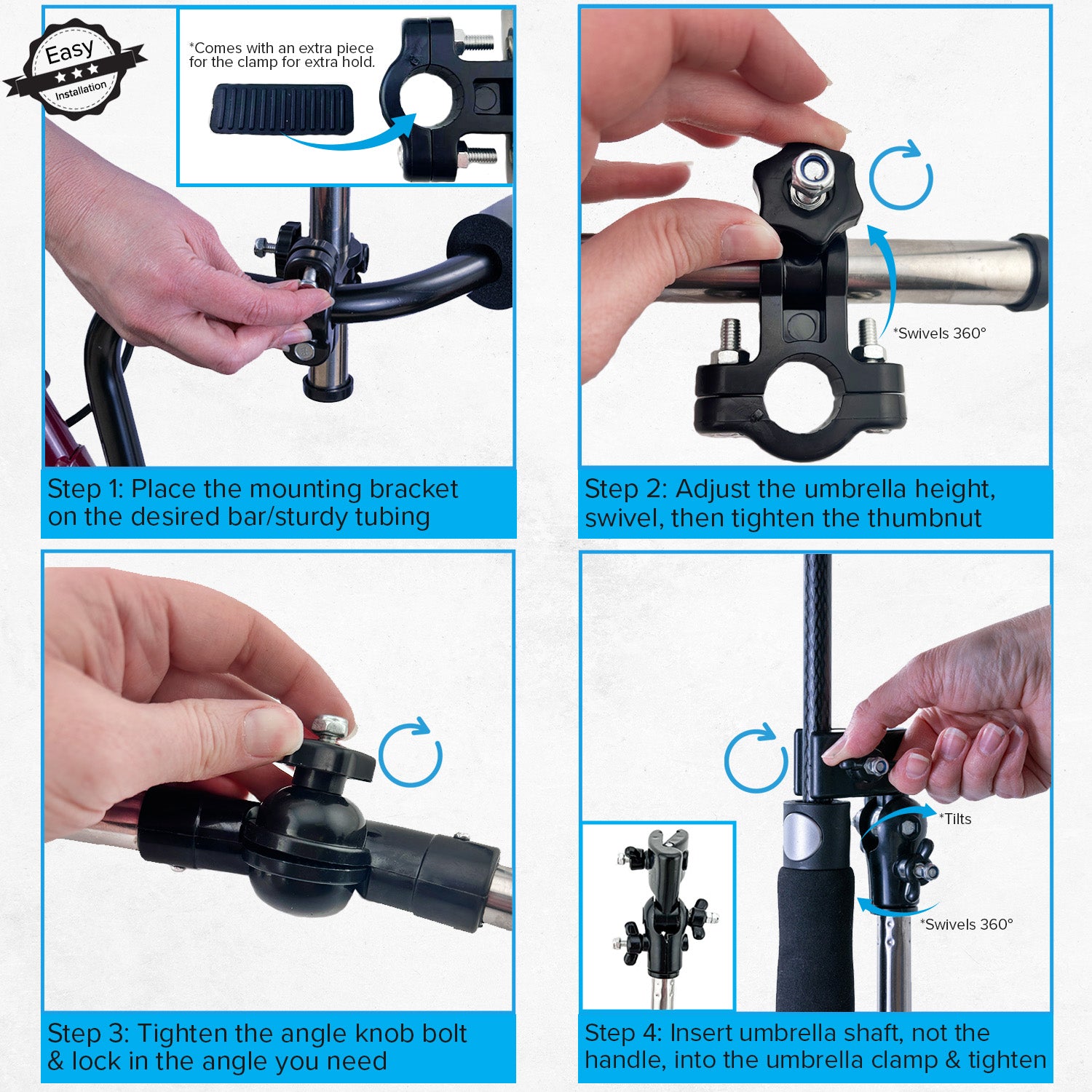 Universal Grip Umbrella Holder for Mobility Scooters, Power Chairs, & Wheelchairs being held and adjusted by various hands, showcasing the clamp, flexible arm, and height-adjustable stem.