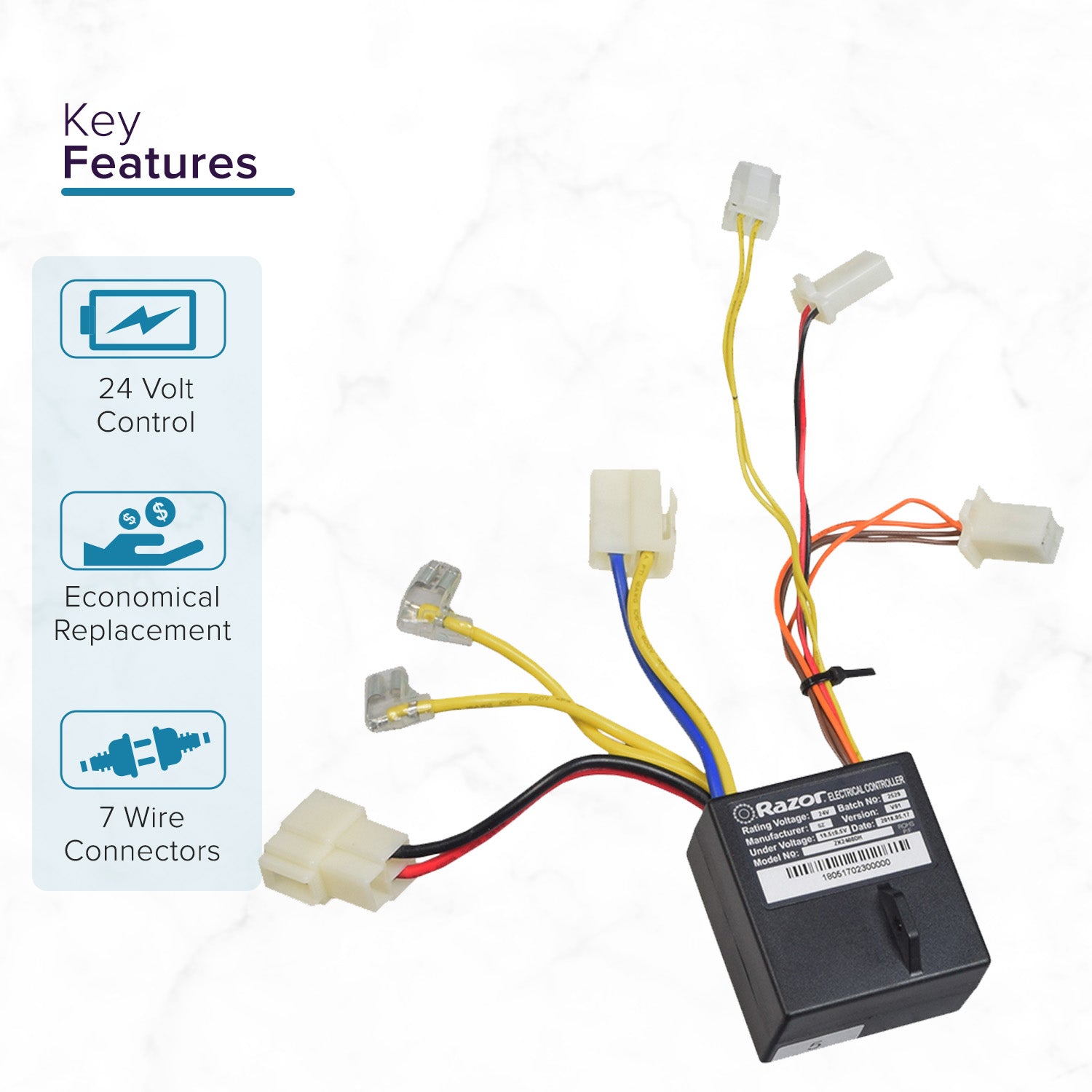 ZK2400DH Control Module for the Razor Power Core E100, showing a close-up of the black electrical device with colorful wires and multiple connectors, essential for replacing malfunctioning control modules in the scooter.