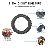 2.50-10 Tire for 70cc Coolster QG-210 & 110cc QG-213A Dirt Bikes, featuring a knobby tread pattern and directional arrows for optimal traction, shown with optional inner tube variants.