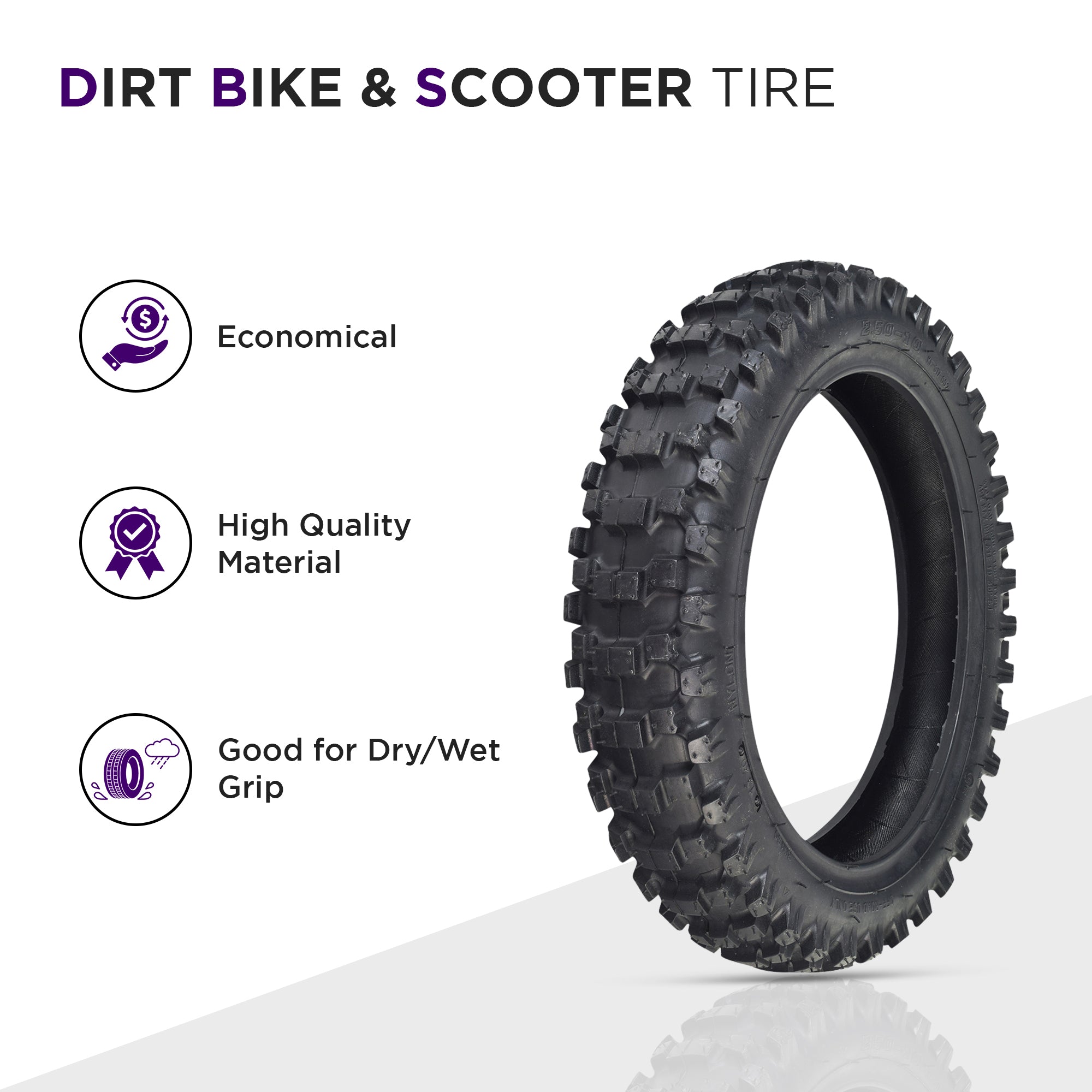 2.50-10 Dirt Bike Tire for MotoTec Demon & MT-Dirt-500 Dirt Bikes showing directional knobby tread pattern for optimal traction.