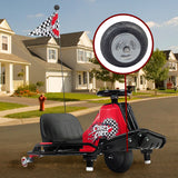 Front Wheel Assembly for the Razor Crazy Cart (Versions 5+) & Crazy Cart DLX (Versions 1+) (Missing Hardware) featuring a red and black vehicle, silver and black tire, and a visible flag on the side.