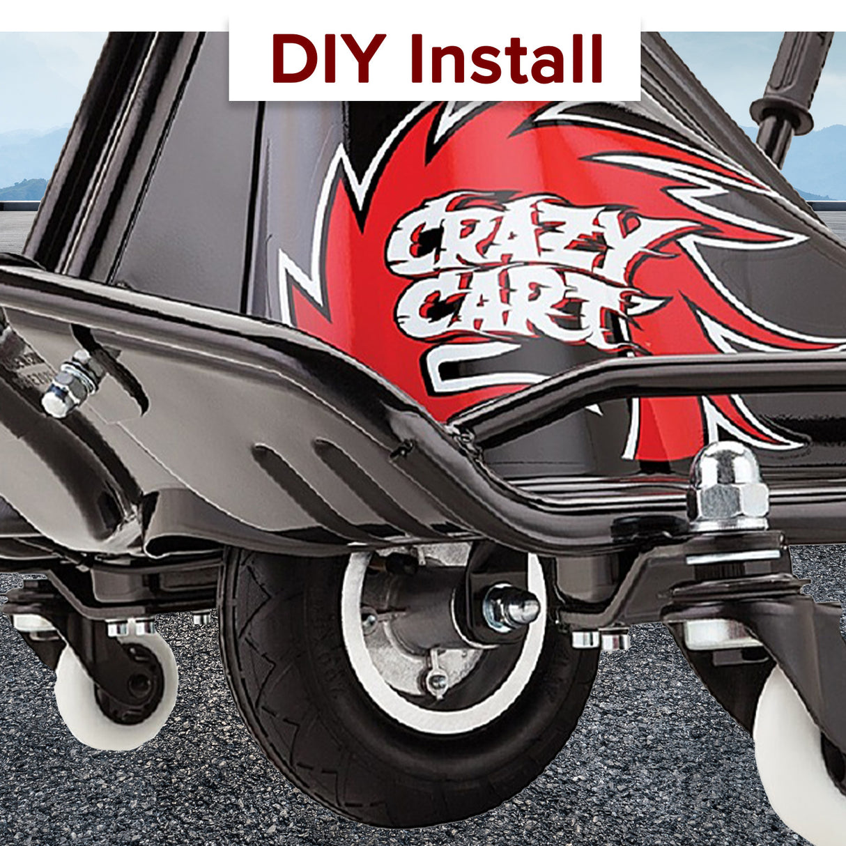 Front Wheel Assembly for Razor Crazy Cart (Versions 5+) & Crazy Cart DLX (Versions 1+), featuring a close-up of the metal rim, tire, and axle components.