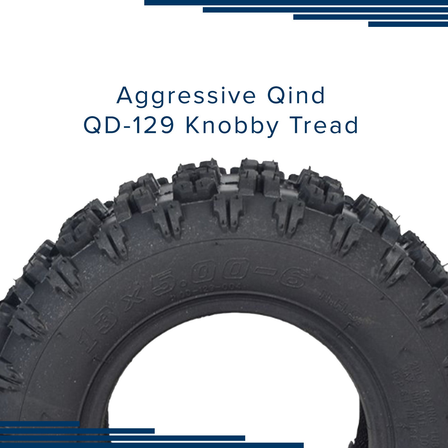 13x5.00-6 ATV, Go-Kart, & Dune Buggy Tire with Q129 Tread, showcasing a close-up of its aggressive tread pattern designed for superior grip on loose surfaces.