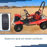 13x5.00-6 ATV, Go-Kart, & Dune Buggy Tire with Q129 Tread, shown close-up with an aggressive tread pattern for superior grip on loose surfaces, mounted on a red recreational vehicle.