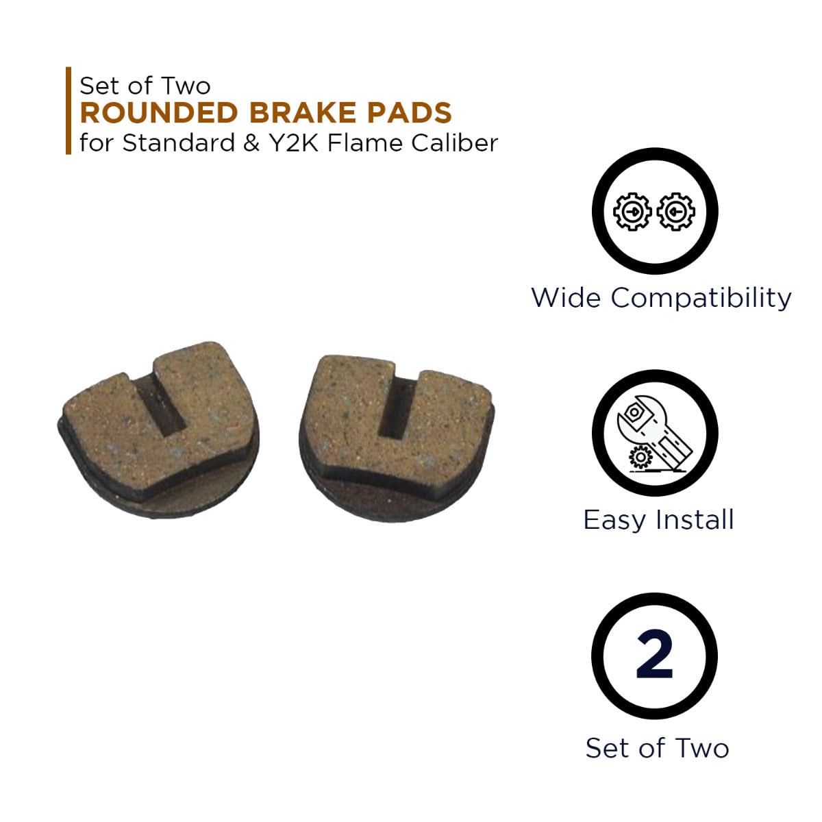 Set of two rounded brake pads for standard and YK2 Flame calipers, showcasing sintered material with copper flecks for enhanced durability and performance. Ideal for electric dirt bikes and quads.