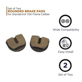 Set of two rounded brake pads for standard and YK2 Flame calipers, showcasing sintered material with copper flecks for enhanced durability and performance. Ideal for electric dirt bikes and quads.