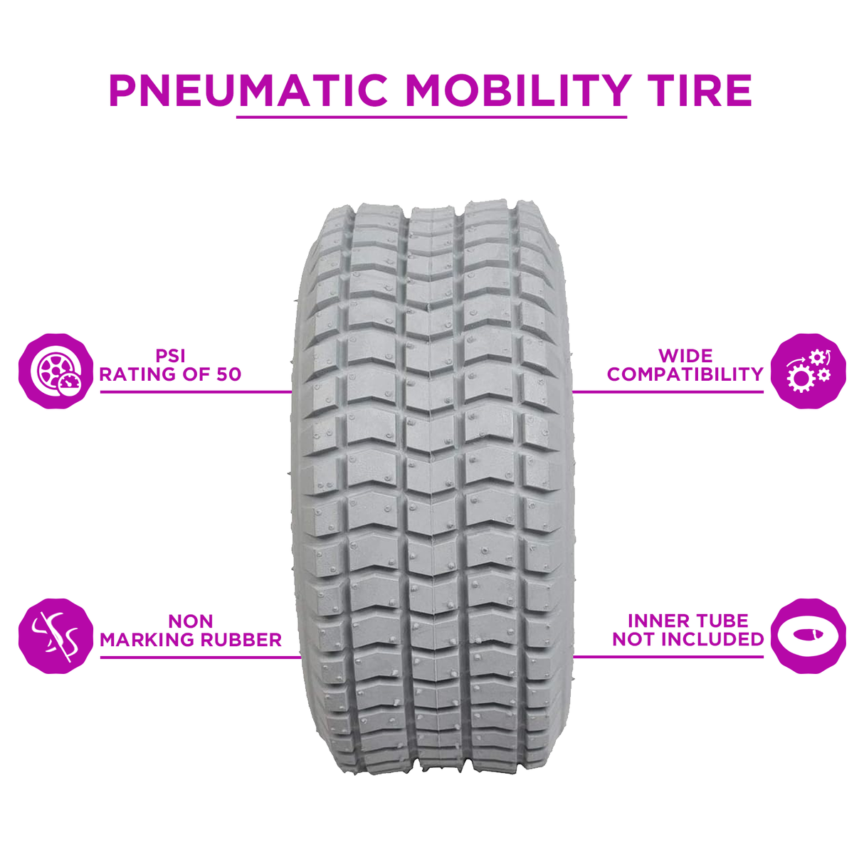 9x3.50-4 Pneumatic Mobility Tire with C203 Grande Knobby Tread, close-up showing the detailed tread pattern for enhanced grip, suitable for power wheelchairs and scooters, featuring non-marking gray rubber.