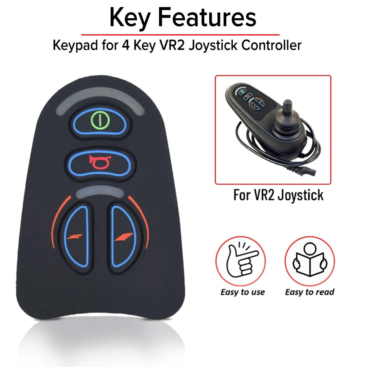 Keypad for 4 Key VR2 Joystick Controller: A black remote control with blue and red buttons, designed for easy replacement on mobility power chairs.