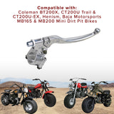 Left Brake Lever for the Baja Mini Bike MB165, showcasing a sturdy silver lever with detailed close-ups, emphasizing its heavy-duty, ATV-type braking system design.