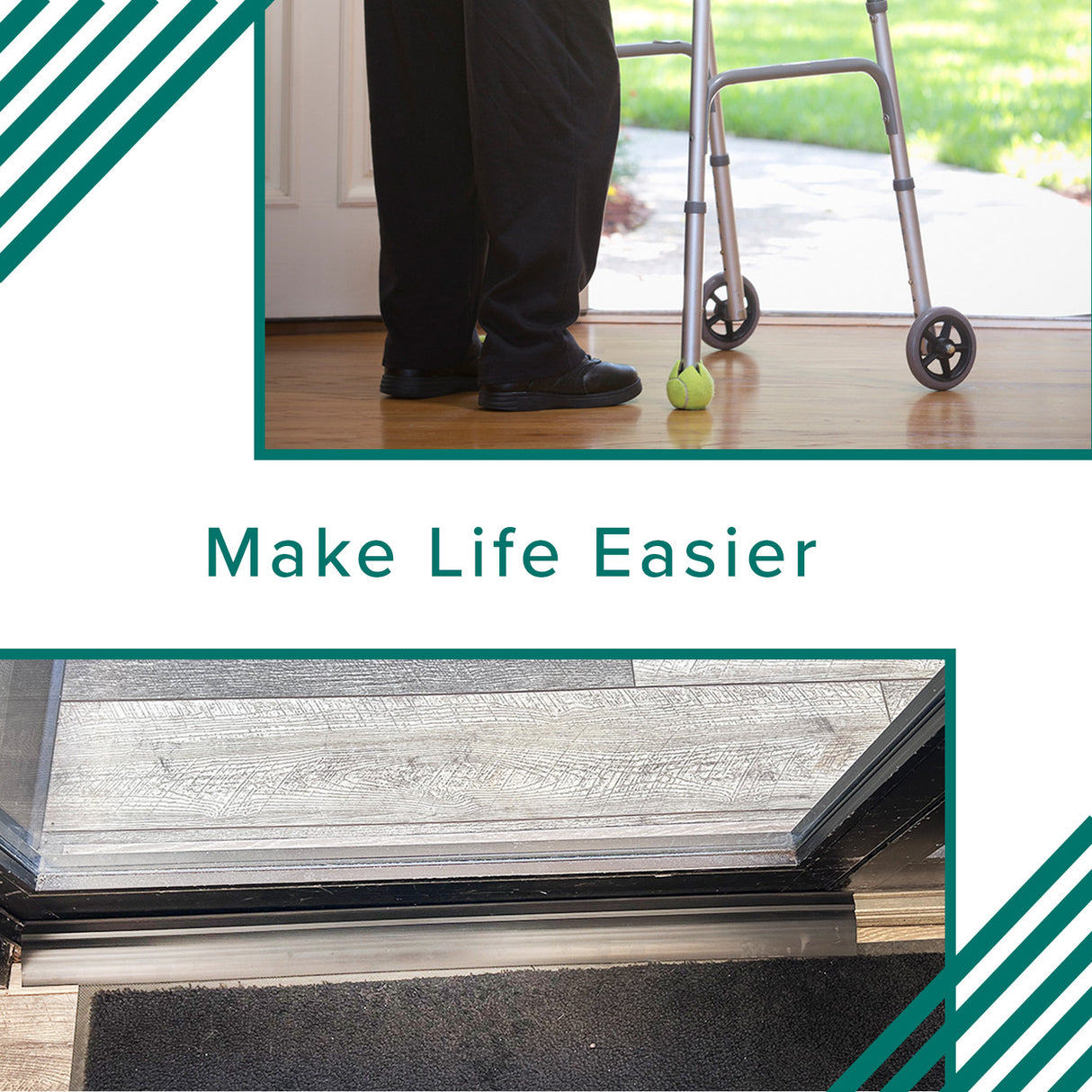 A person standing with a walker on a Rubber Threshold Ramp for Mobility Scooters, Power Chairs, and Wheelchairs, highlighting its stepped surface designed for easy indoor/outdoor access.