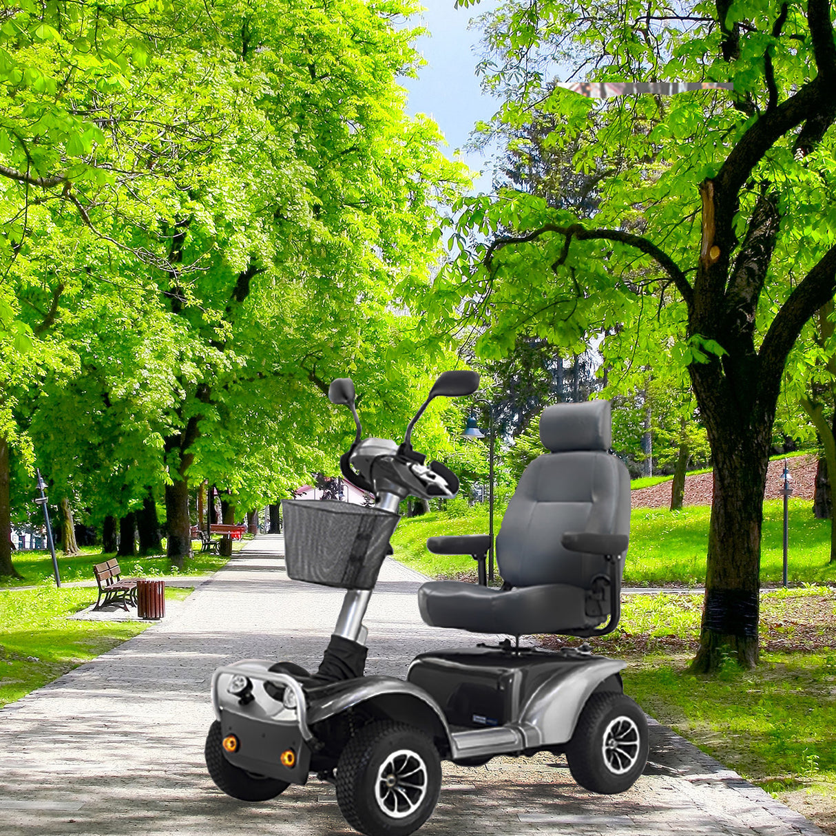 Key for ActiveCare Scooters: A scooter parked on a tree-lined path, highlighting a close-up of a tire and wheel—contextualizing the need for a reliable replacement key for ActiveCare and Drive Medical Spitfire EX models.