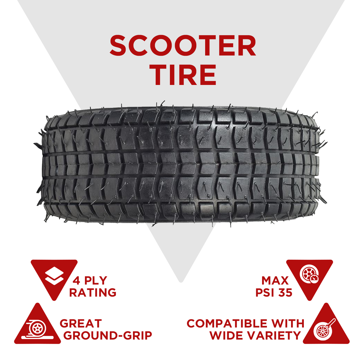 9x3-1/2 (9x3.50-4) Tire for the MotoTec MT-04 Solar Electric Go-Kart, featuring prominent spikes on its black rubber surface, suitable for dirt tracks and recreational scooters.