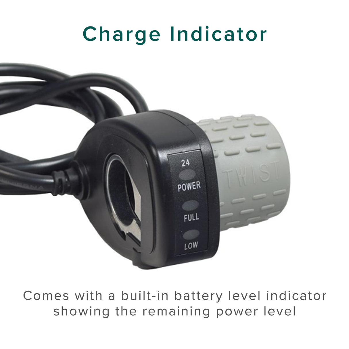 HB2430-TYD6-FS Control Module & 6-Wire Throttle Bundle, featuring a charge indicator and cable, close-up of the device with five connectors, and a handlebar-mounted twist-grip throttle for Razor MX350/MX400, Pocket Mod, and Pocket Rocket models.