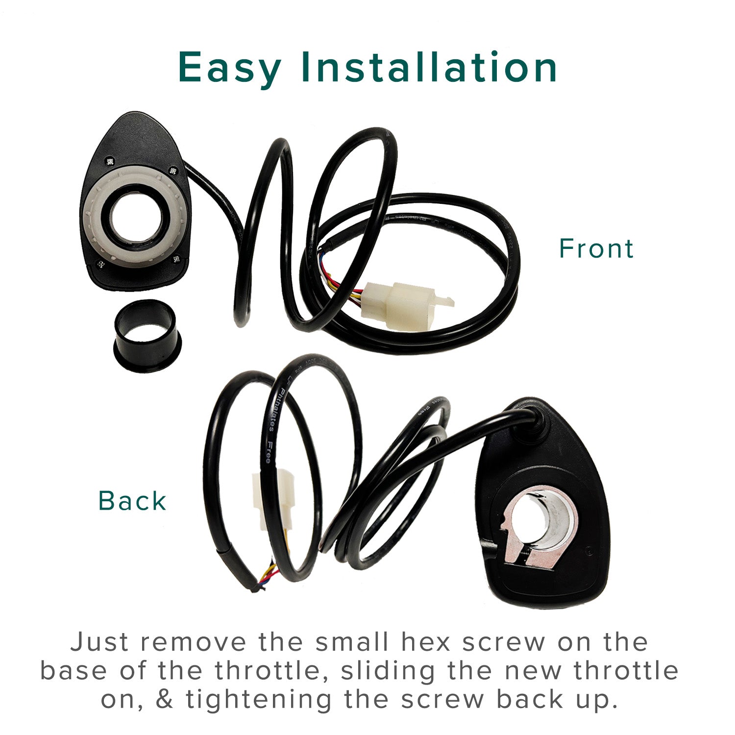 HB2430-TYD6-FS Control Module & 6-Wire Throttle Bundle for Razor MX350/MX400, Pocket Mod, and Pocket Rocket, showing a close-up of the black wire and circular connectors.