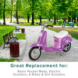 24 Volt Variable Speed 6-Wire Twist Grip Throttle for the Razor Pocket Mod (Versions 13-44) installed on a parked purple scooter in a park, showing the grip and wheel detail.