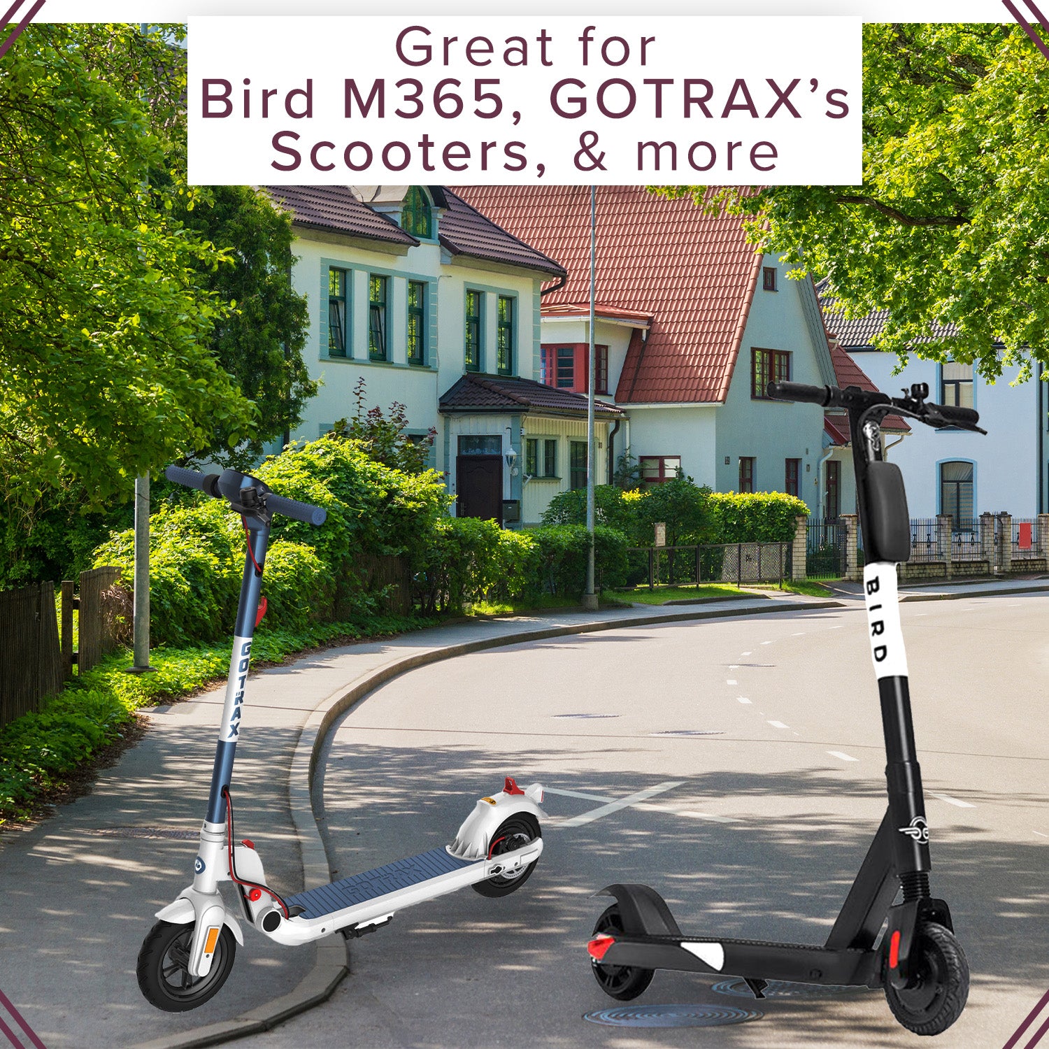 Two scooters on a street, highlighting the 8-1/2x2 Inner Tube for the Xiaomi Mi M365, showcasing its use with pneumatic tires and straight Schrader valve for a smoother ride.