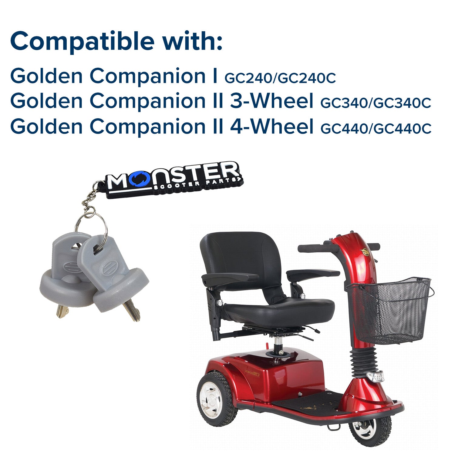 Key for the Golden Technologies Companion I (GC240) and II (GC340, GC440) Scooters (Type 2 Models 2013 and Later) shown on a red scooter with a basket and keys.