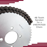 #40/41/420 Chain 48 Tooth Sprocket for Go-Karts & Mini Bikes, featuring a close-up of the chain and metal sprocket on a flat surface, highlighting the gear teeth and circular design.