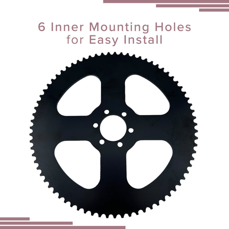 75 Tooth #35 Chain Rear Wheel Sprocket for Coleman, Monster Moto / Mega Moto, Motovox, & TaoTao Mini Bikes. Black metal gear with 75 teeth and six inner mounting holes.