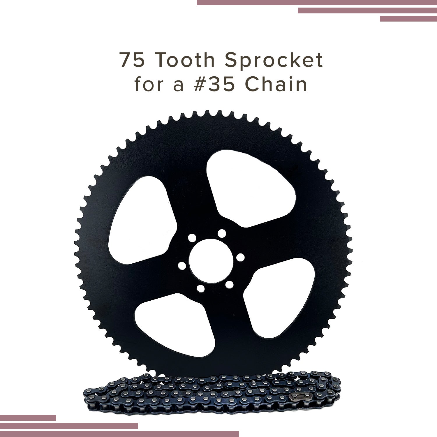 75 Tooth #35 Chain Rear Wheel Sprocket for Coleman, Monster Moto / Mega Moto, Motovox, & TaoTao Mini Bikes, featuring a black gear with an attached chain and six inner mounting holes.