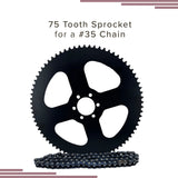 75 Tooth #35 Chain Rear Wheel Sprocket for Coleman, Monster Moto / Mega Moto, Motovox, & TaoTao Mini Bikes, featuring a black gear with an attached chain and six inner mounting holes.